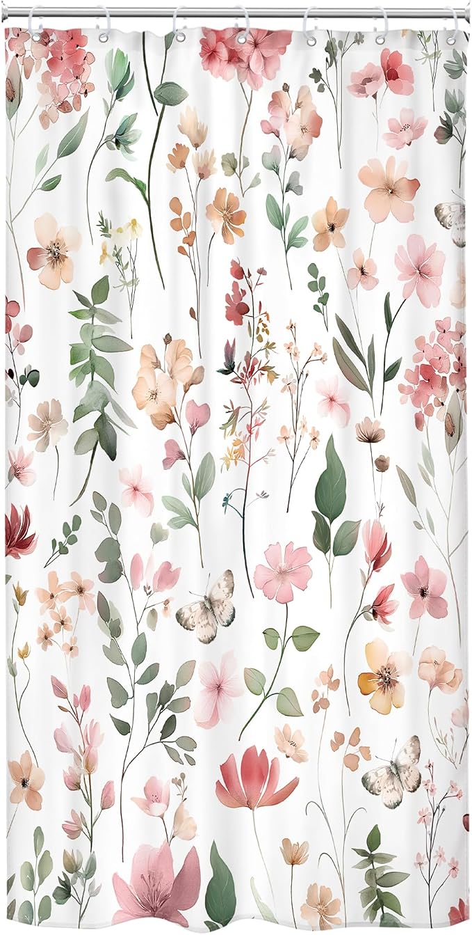 Small Stall Pink Floral Women Girls Coral Leaf Bathroom Shower Curtain Set | 36"W x 72"H Watercolor Wildflower; waterproof HD print, quick-dry fabric and plastic hooks for easy setup.