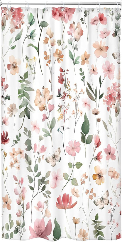 Small Stall Pink Floral Women Girls Coral Leaf Bathroom Shower Curtain Set | 36"W x 72"H Watercolor Wildflower; waterproof HD print, quick-dry fabric and plastic hooks for easy setup.