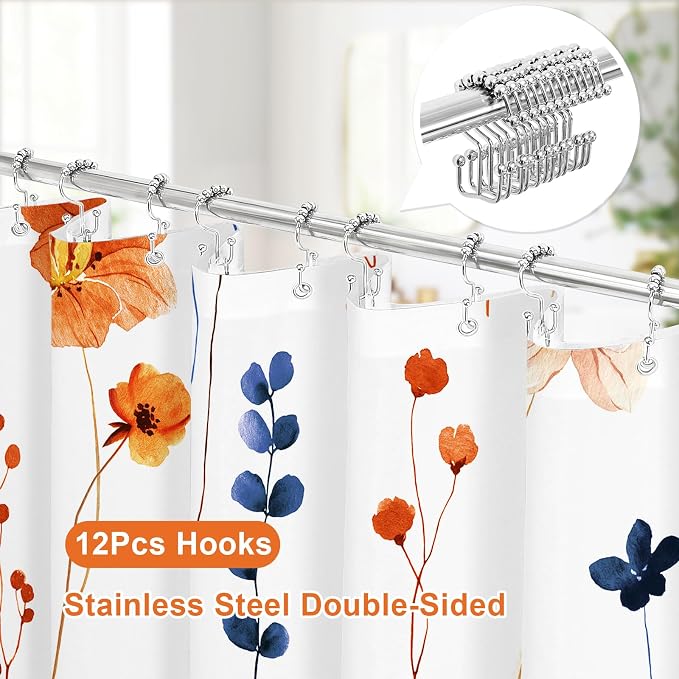 Extra Long 3 in 1 Shower Curtain Set, Orange Navy Watercolor Floral Bath Curtain and PEVA Liner Set with 12 Double Sided Steel Hooks, Waterproof Fabric Bathroom Curtain 72x84