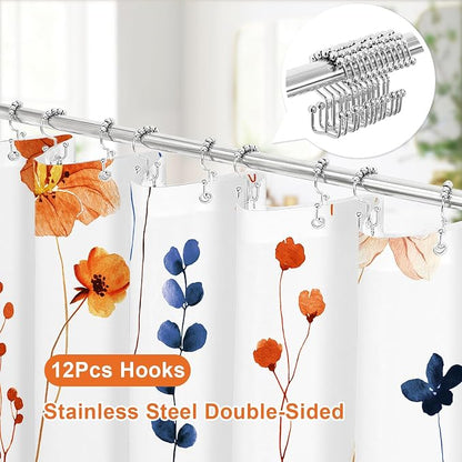 Long 3 in 1 Shower Curtain Set, Orange Navy Watercolor Floral Bath Curtain and PEVA Liner Set with 12 Double Sided Steel Hooks, Waterproof Fabric Bathroom Curtain 72x78