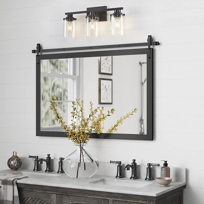 3 Light Black Bathroom Vanity Light Fixtures with Clear Glass Shade, Modern Wall Sconces Lighting for Bathroom Over Mirror