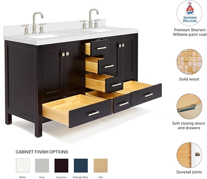 DKB Beckford 60" Espresso Double Bathroom Vanity with Sink, 1.5" Pure White Quartz Countertop, Center Rectangular Sinks, 4 Soft Closing Shaker Doors, 6 Dovetail Drawers