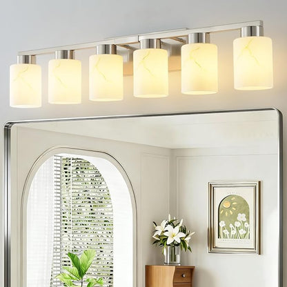 6-Light Bathroom Light Fixtures, Modern Vanity Lights, Brushed Nickel Metal Wall Lamp with White Marble Glass for Bathroom, Mirror, Living Room, Bedroom, Cabinet, Porch, Hallway, E26 Base