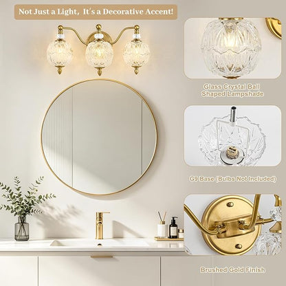 Vintage Bathroom Vanity Light, 3-Light Mid Century Brushed Gold Finish Wall Sconce with Globe Glass Shades, Retro Mirror Light for Bathroom, Powder Room