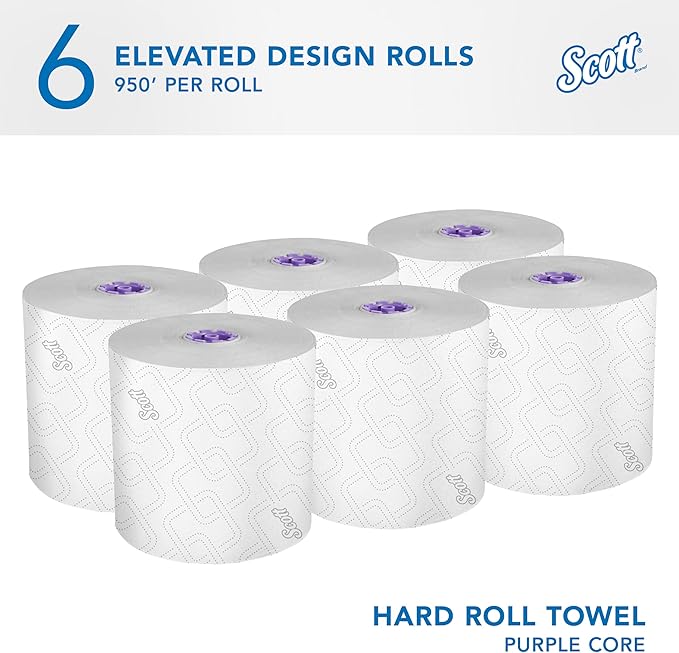 Scott Professional High-Capacity Hard Roll Paper Towels, Bulk (02001), Hardwound, Elevated Design, Absorbency Pockets, White, for ScottBrand Purple Core Dispensers (6 Rolls at 950' Each, 5,700'/Case)