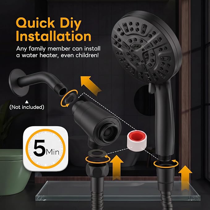 High Pressure Handheld Shower Head Matte Black- Anti-clog Nozzles, Built-in Power Wash to Clean Tub, Wall & Overhead Brackets,Magnetitc Rainfall Showerhead hand held