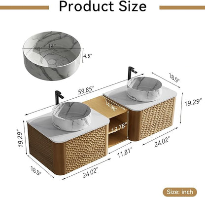 60 Inch Double Vanity with Sink Set, Floating Bathroom Sink Cabinet with Sintered Stone Top&Solid Wood Hammered Frame, Double Bathroom Vanities w/Soft-Close Drawers&1 Side Open Cube