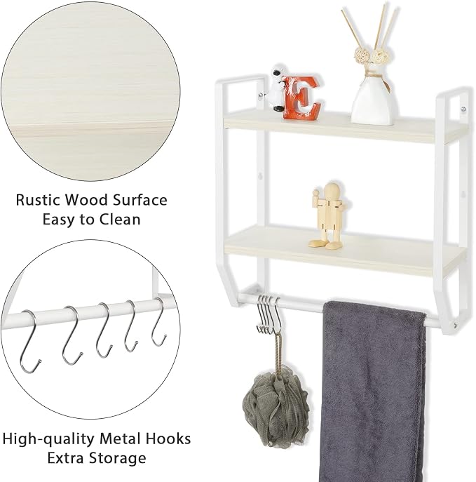 OYEAL Bathroom Shelf with Towel Bar Wall Mounted | Towel RaRustic Towel Shelf for Bathroom with 5 Hooks, 2 Tier Shelf Storage Organizer for Living Room, Kitchen, Bedroom, White