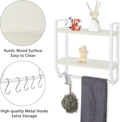 OYEAL Bathroom Shelf with Towel Bar Wall Mounted | Towel RaRustic Towel Shelf for Bathroom with 5 Hooks, 2 Tier Shelf Storage Organizer for Living Room, Kitchen, Bedroom, White