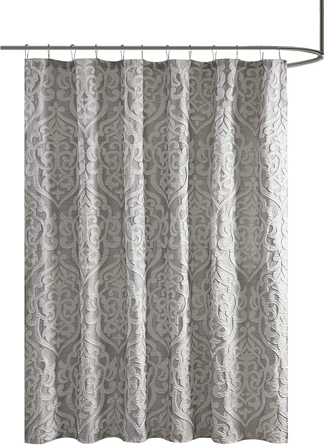 Madison Park Fabric Damask Medallion Shower Curtain, 72"x72", Silver | Luxe Textured Jacquard, Machine Washable Modern Home Bathroom Decor, Bathtub Privacy Screen