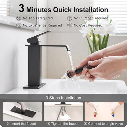 Waterfall Bathroom Faucet, Brass Matte Black Bathroom Faucet 1 Hole or 3 Holes, Bathroom Faucets Single Handle, 4 Inch Bathroom Sink Faucet with Deck Plate & Pop-Up Drain for Lavatory No Noise
