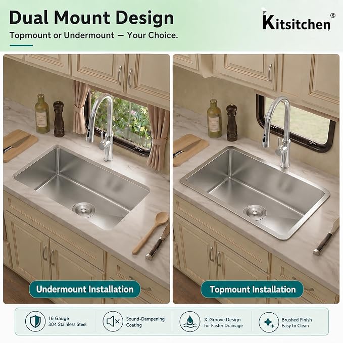Kitsitchen RV Kitchen Sink,16 Guage T304 Stainless Steel Undermount Kitchen Sinks with Sink with Strainer & Bottom Gird, 25" x 15" x 7" Single Bowl Drop In Kitchen Sink For RV, Outdoor,Bathroom