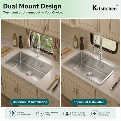 Kitsitchen RV Kitchen Sink,16 Guage T304 Stainless Steel Undermount Kitchen Sinks with Sink with Strainer & Bottom Gird, 25" x 15" x 7" Single Bowl Drop In Kitchen Sink For RV, Outdoor,Bathroom