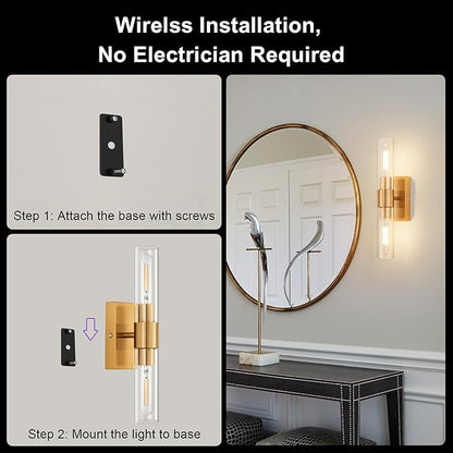 Gold Battery Operated Wall Sconce Set of 2 with Remote Control, 12000mAh Rechargeable Wall Lights, Wireless Dimmable Wall Lamps for Bedroom Living Room Bathroom Hallway Entryway Stairwell