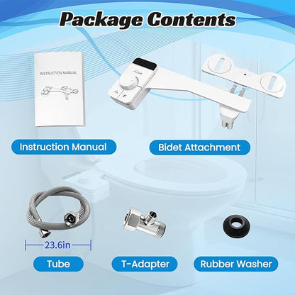 Bidet Attachment for Toilet,Ultra Thin Non-Electric Bidet,Dual Self-Cleaning Nozzles, Adjustable Water Pressure, Knob Control for Water Flow & On/Off, Fits Most Standard Toilets （0.23 in）