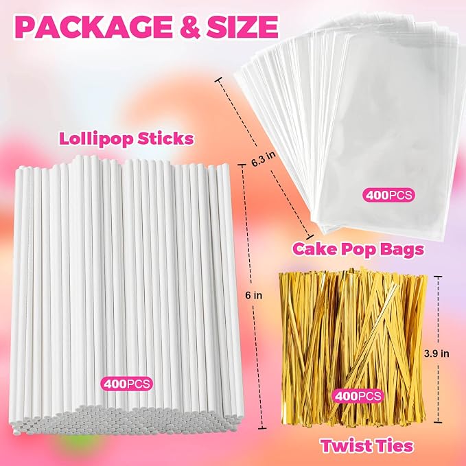 1200Pcs Cake Pop Sticks and Wrappers, 6IN Cake Pop Sticks with Ties for Lollipops, Chocolates Cookies, Candies