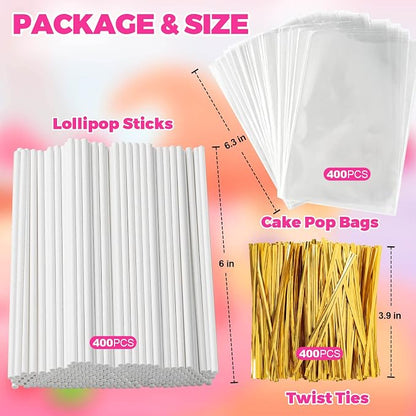 1200Pcs Cake Pop Sticks and Wrappers, 6IN Cake Pop Sticks with Ties for Lollipops, Chocolates Cookies, Candies
