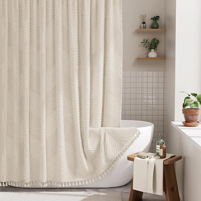 AmazerBath Boho Farmhouse Shower Curtain with Tassels, Soft Cloth Beige Shower Curtain Set, Herringbone Chevron Minimalist Fabric Rustic Shower Curtain with Hooks, Hotel Quality, 72x72 Inches