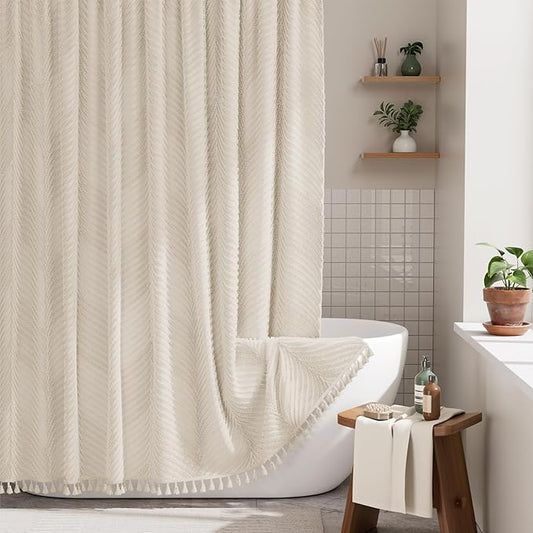 AmazerBath Boho Farmhouse Shower Curtain with Tassels, Soft Cloth Beige Shower Curtain Set, Herringbone Chevron Minimalist Fabric Rustic Shower Curtain with Hooks, Hotel Quality, 72x72 Inches