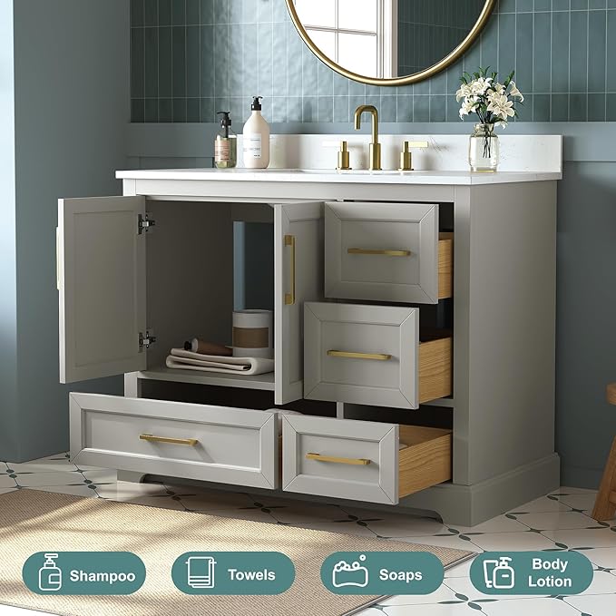 42 Inch Bathroom Vanity with Sink Combo, Solid Wood Frame with Stone Top & Backspalsh, Fully-Assembled with Soft-Closing Doors & 4 Drawers, Greige