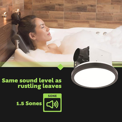 Homewerks 7105-09-MB Bathroom Fan with Light 90-CFM 1.5 Sones Round Ventilation Fan with Dimmable LED Light and Magnetic Trim Ring, Matte Black