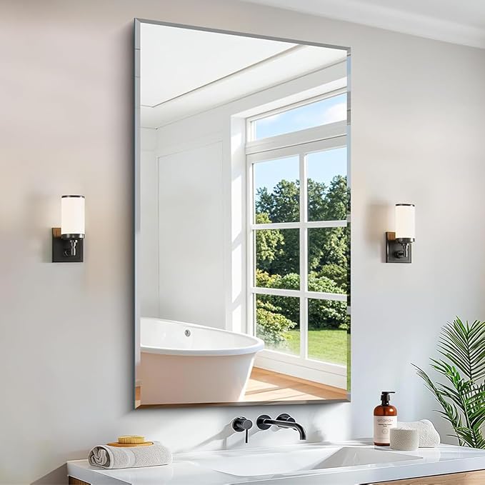 CILIBER Beveled Mirror, 24x40 Frameless Beveled Bathroom Mirrors for Wall, 3mm Tempered Glass Rectangle Vanity Mirror with Beveled Edge, Crystal-Clear, Hangs Horizontally or Vertically