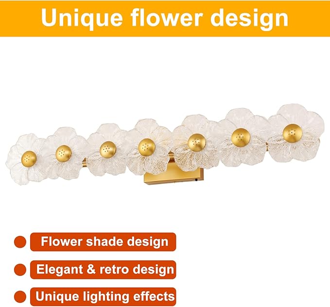 MantoLite Bathroom Light Fixtures Modern Vanity Light Over Mirror Adjustable 3000K-6000K Picture Lights Art Light with Floral Clear Glass Shades for Living Room Bedroom Wall Sconces (7 Light Gold)
