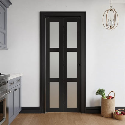 Bifold Doors for 32" x 80" Opening,Tempered Frosted Glass,Black | Closet Folding Doors with Hardware kit Included, Easy Assembly for Pantry Closet,Water-Proof PVC Surface