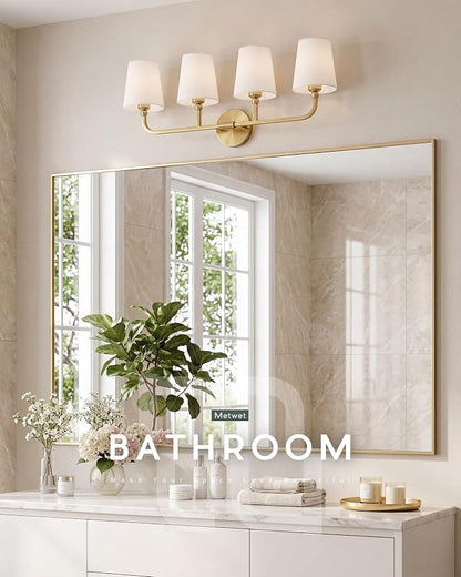 4-Light Brushed Gold Bathroom Vanity Light with White Fabric Shade | 28 Inch gold bathroom light fixture over mirror, UL listed, E26 bulbs, hardwired, upward only, VL837-BG-4K