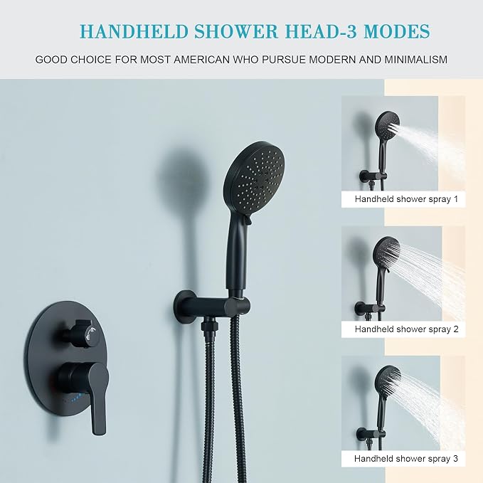 Matte Black Shower System With 12 Inches Rainfall Head and Handheld Set, High Pressure Faucet With Brass Valve for Bathroom Ceiling Mounted Fixture