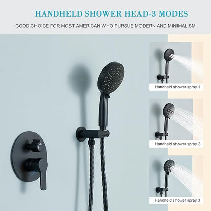 Matte Black Shower System With 12 Inches Rainfall Head and Handheld Set, High Pressure Faucet With Brass Valve for Bathroom Ceiling Mounted Fixture