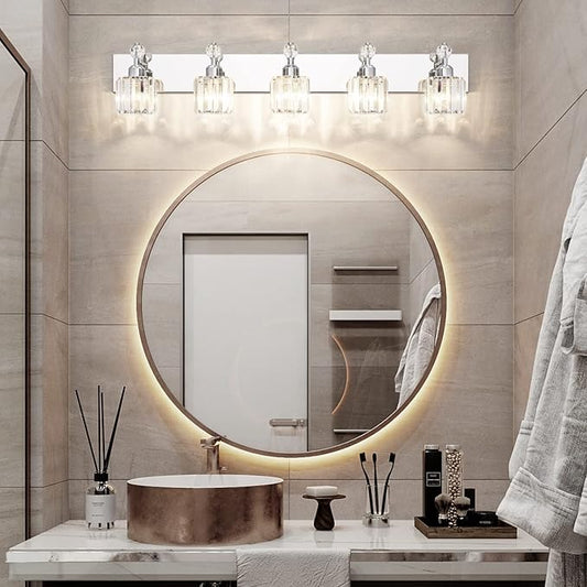 PRESDE Crystal 5-Light Vanity Light for Bathroom，Chrom Modern Bathroom Lights Fixtures Over Mirror