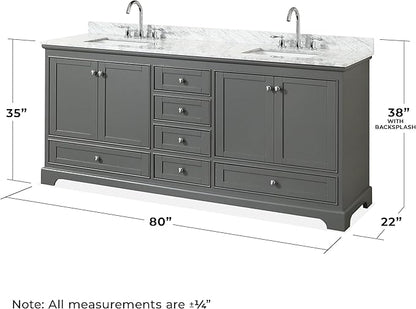 Wyndham Collection Deborah 80 inch Double Bathroom Vanity in Dark Gray, White Carrara Marble Countertop, Undermount Square Sinks, and No Mirror