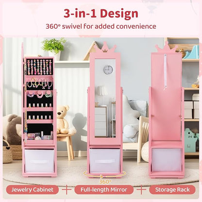 CHARMAID 360° Swivel Kids Jewelry Cabinet, 47" Full Length Mirror with Jewelry Storage, Jewelry Armoire with Drawer and Back Shelf, Kids Vanity Dressing Mirror Jewelry Organizer for Girls (Pink)