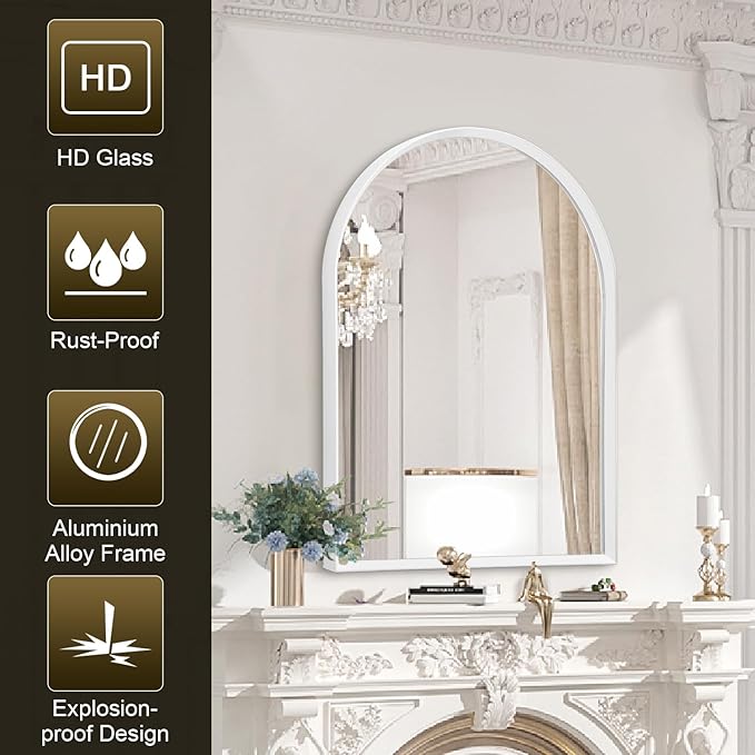 Arch Bathroom Mirror, Wall Mounted Mirrors, White Vanity Wall Mirror Metal Frame Home Decor for Bedroom, Entryway, Living Room 26"x18"