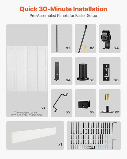 VEVOR Bifold Barn Door, 72" x 84", MDF Bi-Fold Sliding Closet Doors, Header Board and Hardware Kit Included, H-Frame Space-Saving Design, Pre-Assembled Panels, Waterproof & Quiet, White