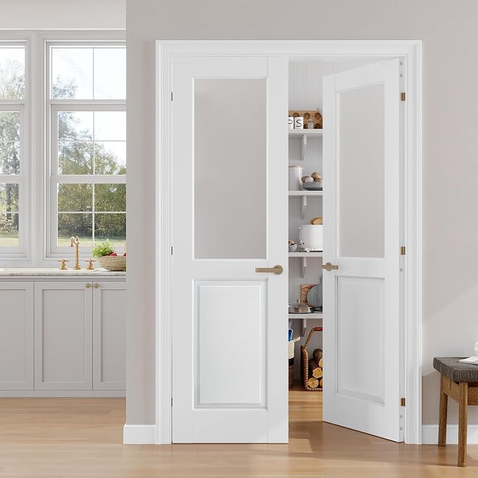SMARTSTANDARD 48" x 80" Frosted Glass Interior Door Slab, Solid Core | Pre-Assembled French Slab Door for Pantry Laundry Closet Bathroom, without Hardware, White Primed, Paintable Surface