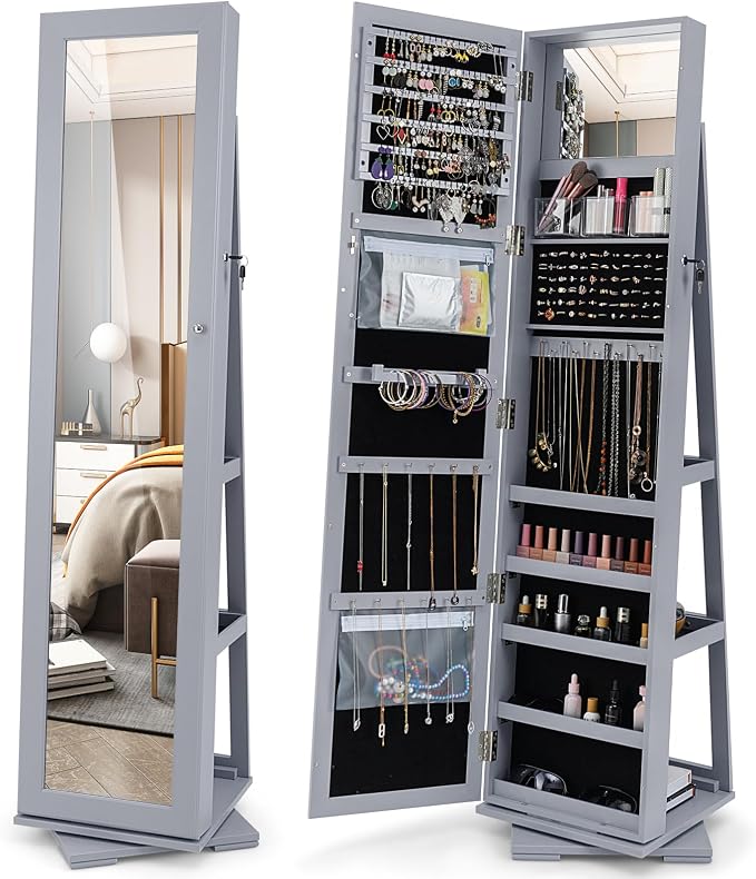 360° Rotating Jewelry Armoire, Freestanding Jewelry Cabinet with Inside Makeup Mirror, 2-in-1 Lockable Jewelry Organizer w/Full-Length Mirror for Women (Gray)