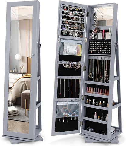 360° Rotating Jewelry Armoire, Freestanding Jewelry Cabinet with Inside Makeup Mirror, 2-in-1 Lockable Jewelry Organizer w/Full-Length Mirror for Women (Gray)