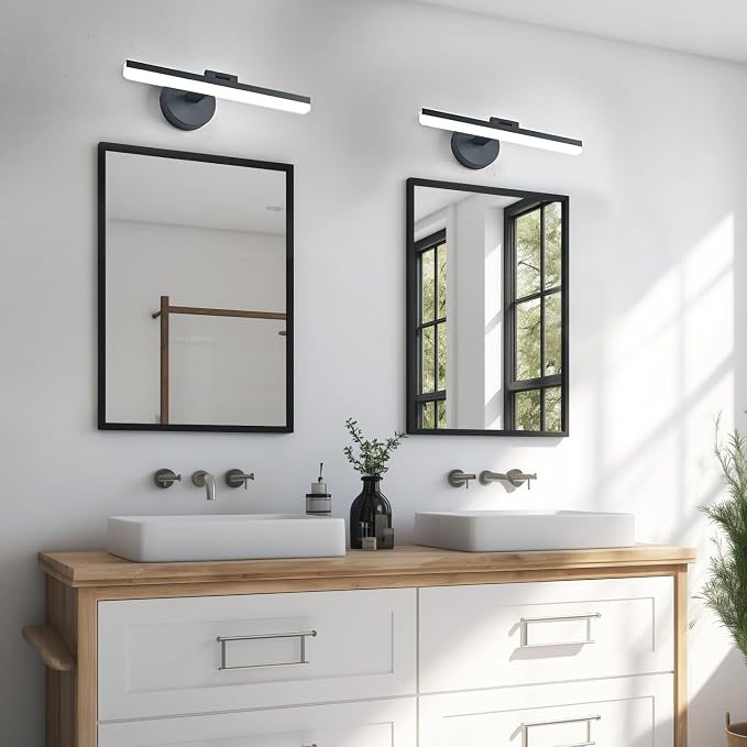 LED Modern Black Bathroom Vanity Lighting Fixtures Over Mirror 16inch Matte Black Wall Lighting Fixtures for Bathroom(White Light 6000K)