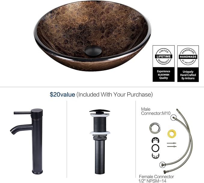 YOURLITE Bathroom Vessel Sink – Modern Tempered Glass Washing Bowl with Oil Rubbed Bronze Faucet and Pop Up Drain 16.5 Inch