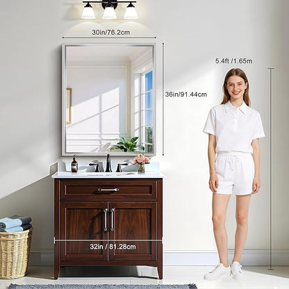 CIRCUMI 30"x36" Silver Mirror with Chunky Box Metal Frame, Brushed Finish Rectangular Bathroom Mirrors for Over Sink, Living Room, Entryway, Tempered Glass Mirror for Wall, Vertical or Horizontal