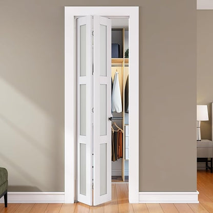 SMARTSTANDARD Bifold Door for 24"x 80" Opening, Tempered Frosted Glass, MDF | Closet Folding Doors with Hardware kit Included, White, Water-Proof PVC Surface, Easy Install, Space-Saving