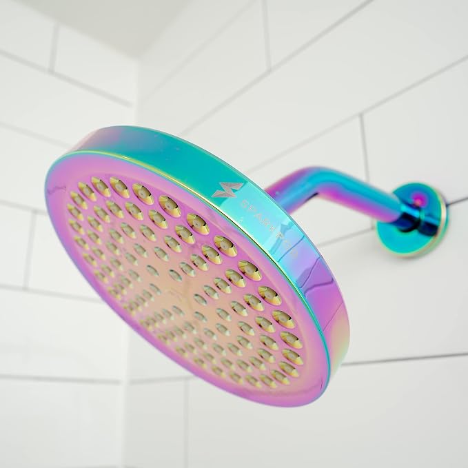 SparkPod Rain Shower Head, 6 Inch Round, Radiant Rainbow Finish | High Pressure Shower Heads, 90 Nozzles, Adjustable Showerhead, No Tools Needed, Universal Connection