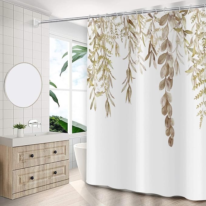 Botanical Shower Curtains, Watercolor Autumn Eucalyptus Leaf Plant Tan Bathroom Curtain for Bathtub Home Decoration Waterproof Fabric Machine Washable with 12 Hooks, 96''Lx72''W (GCI-10298)