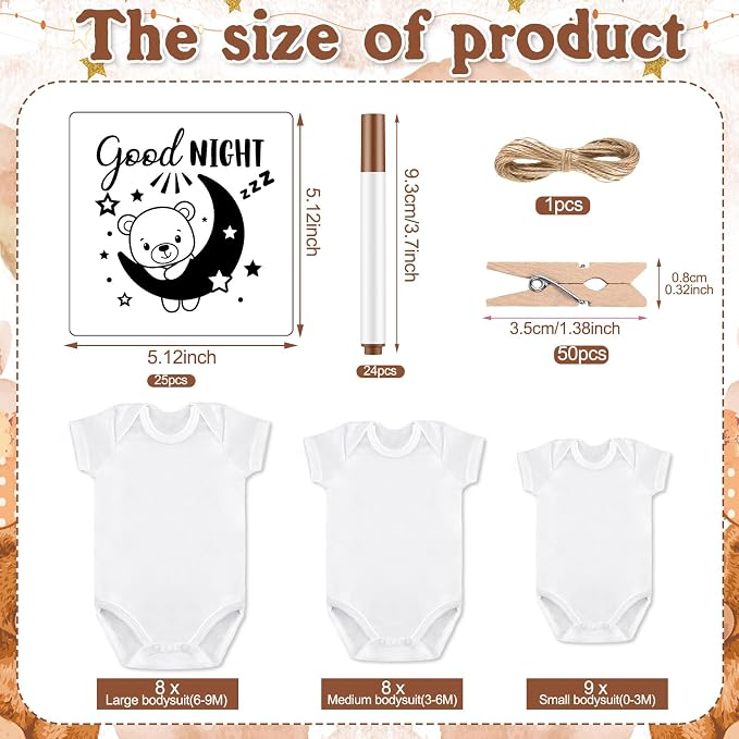 Panitay 126 Pcs Baby Shower DIY Bodysuit Set Bib 25 Blank White Newborn Bodysuit 25 Stencils 24 Marker 1 Sign 50 Pins(Bear)