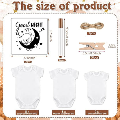 Panitay 126 Pcs Baby Shower DIY Bodysuit Set Bib 25 Blank White Newborn Bodysuit 25 Stencils 24 Marker 1 Sign 50 Pins(Bear)