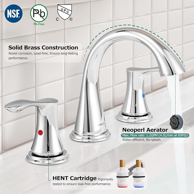 Bathroom Sink Faucet 8 Inch Widespread for Vanity, Chrome | Mid Arc Brass Spout, 2 Handle Lead-Free Bathroom Faucet with Metal Pop Up Drain Supply Lines for 3 Hole Lavatory Utility Sink