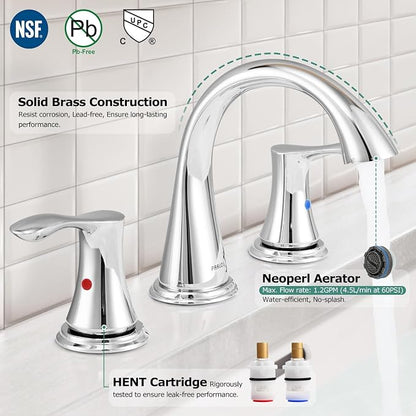 Bathroom Sink Faucet 8 Inch Widespread for Vanity, Chrome | Mid Arc Brass Spout, 2 Handle Lead-Free Bathroom Faucet with Metal Pop Up Drain Supply Lines for 3 Hole Lavatory Utility Sink