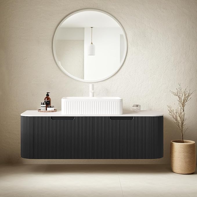 48 inch Floating Bathroom Vanity with Sink, Modern Bathroom Vanities with White Rectangular Ceramic Basin and Marble Top, 2 Large Soft-Closing Storage Drawers, Pre-Assembled Cabinet, Gloss Black